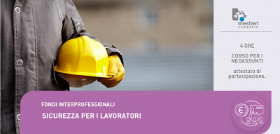 Immagine: Durata&nbsp;
4 ore&nbsp;
Breve descrizione
I contenuti e la durata del corso di formazione sono quelli previsti dagli artt. 36 e 37 del D. Lgs. 81/2008 e accordi Stato Regioni del 21/12/2011 ai fini dell&rsquo;aggiornamento e della formazione continua della sicurezza.
&nbsp;Obiettivi&nbsp;
Il corso &egrave; stato progettato per dare ai partecipanti conoscenze e competenze che li mettano in condizione di svolgere il proprio lavoro nel rispetto delle prescrizioni previste dal testo Unico sulla sicurezza nei luoghi di lavoro.
Destinatari
Tutti i lavoratori appena assunti in azienda.
Tipologia Titolo conseguito
Alla fine del corso e del superamento della verifica finale di apprendimento verr&agrave; rilasciato attestato finale ai sensi degli artt. 36 e 37 del D. Lgs. 81/2008 e accordi Stato Regioni del 21/12/2011.
Informazioni
Mestieri Campania, via S. Visco 24B/ Via Gandhi 16, Salerno&nbsp;
Tel. 089 723744 Email formazione@mestiericampania.com&nbsp; www.mestiericampania.com 
Accreditamento Regione Campania n. 2691-2-1-S